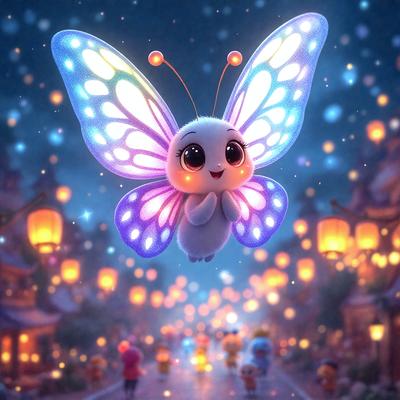 The primary subject of the image is a cute, colorful butterfly with a smiling face. The butterfly is flying in the air, surrounded by a lively and vibrant scene. The setting includes a street with a row of lights, creating a warm and inviting atmosphere. The visual style of the image is a combination of digital art and illustration, giving it a unique and charming appearance. The colors and mood of the image are predominantly bright and cheerful, with the butterfly being